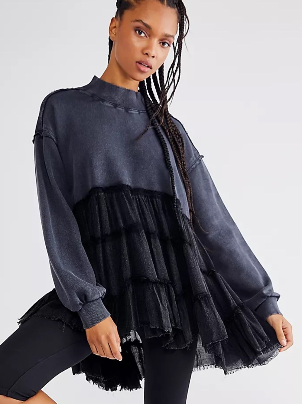 Free People We The Free Pixie Sweatshirt Poppy Seed Large Tiered Ruffle Hem Gray